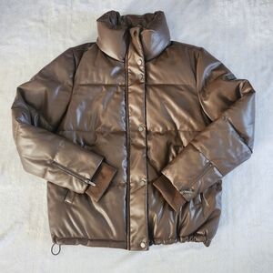BCBGMAXAZRIA Women's Brown Faux Leather Puffer Jacket Cocoa Brown‎ Medium